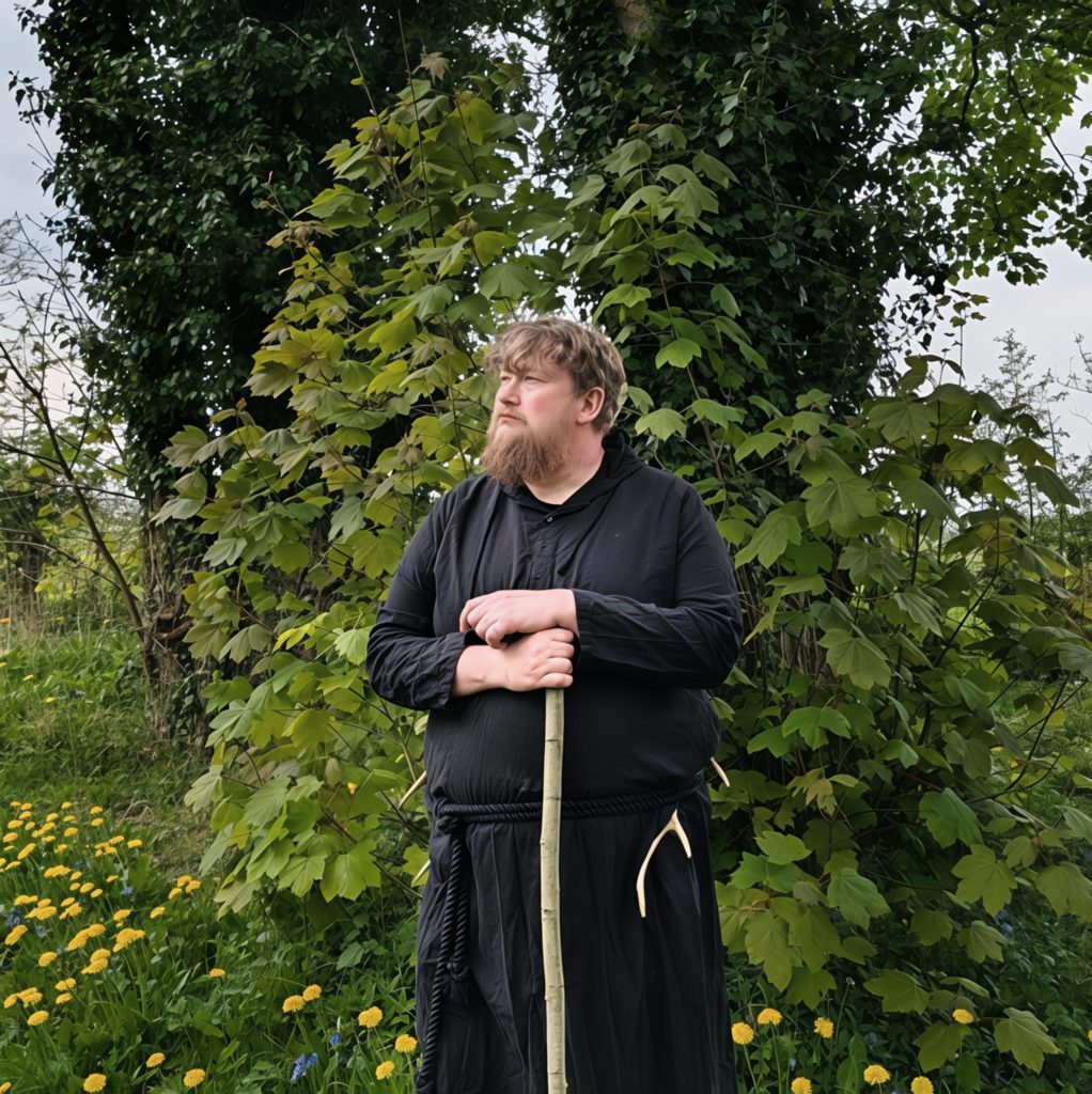 A bearded man in a black robe stands with a staff in a lush garden. He's surrounded by green foliage and yellow flowers, gazing thoughtfully.