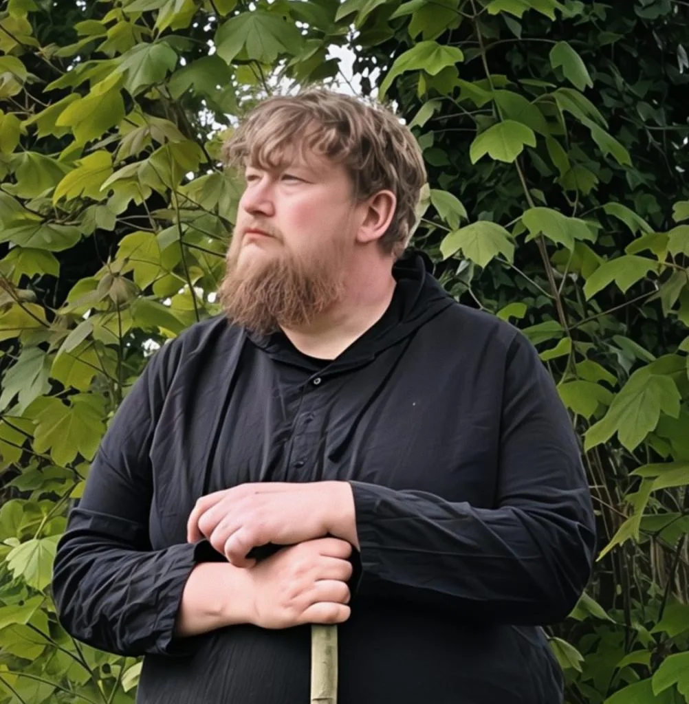 A bearded man in a black robe stands with a staff in a lush garden. He's surrounded by green foliage and yellow flowers, gazing thoughtfully.