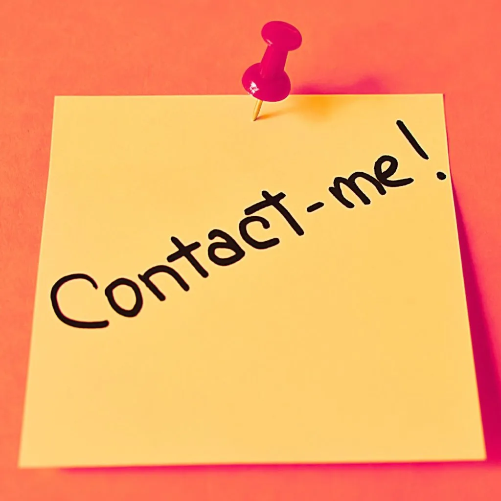 A yellow sticky note with "Contact-me!" written in bold black letters is pinned to an orange background using a red pushpin, conveying urgency.
