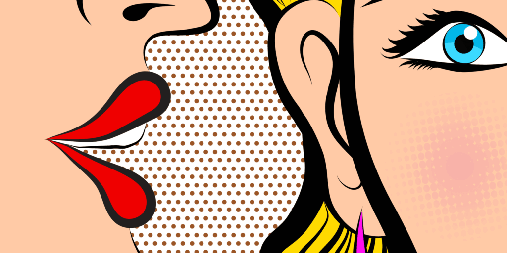 Pop art illustration of a woman's face featuring bold colours and a prominent red tongue. Representing gossip in witchcraft.