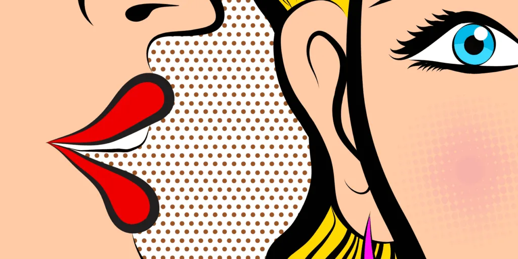 Pop art illustration of a woman's face featuring bold colours and a prominent red tongue. Representing gossip in witchcraft.